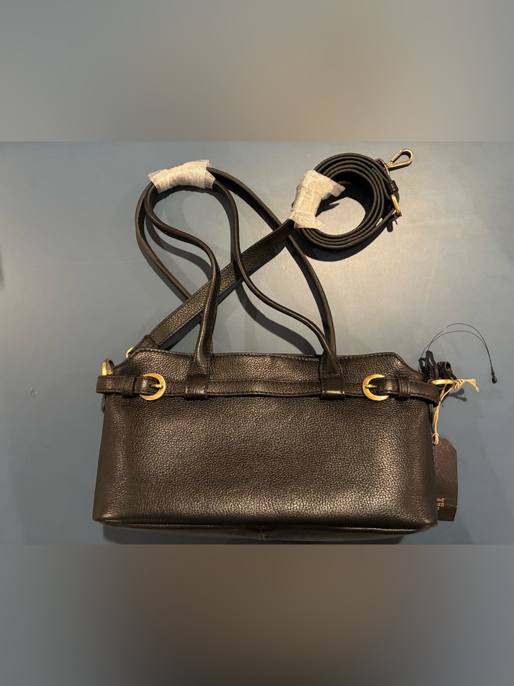 Black Leather Shoulder Bag with Gold Accents - Women